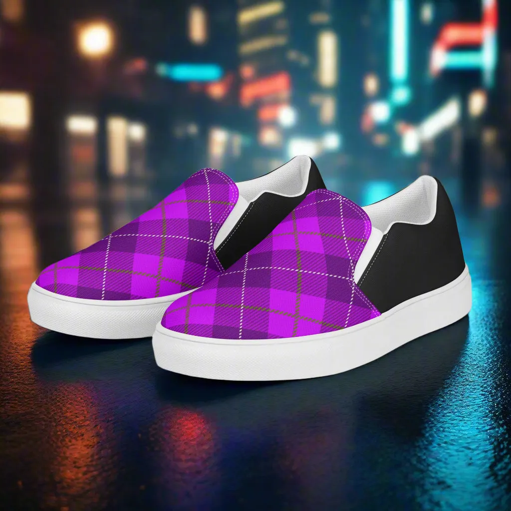 GeoMetro | Women’s Slip-On Canvas Shoes | Plaid Purple Halftone