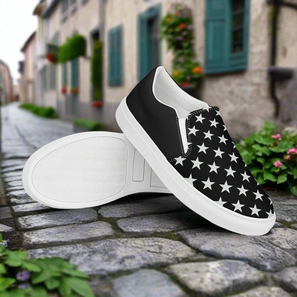 GeoMetro | Women’s Slip-On Canvas Shoes | White Star Black Halftone