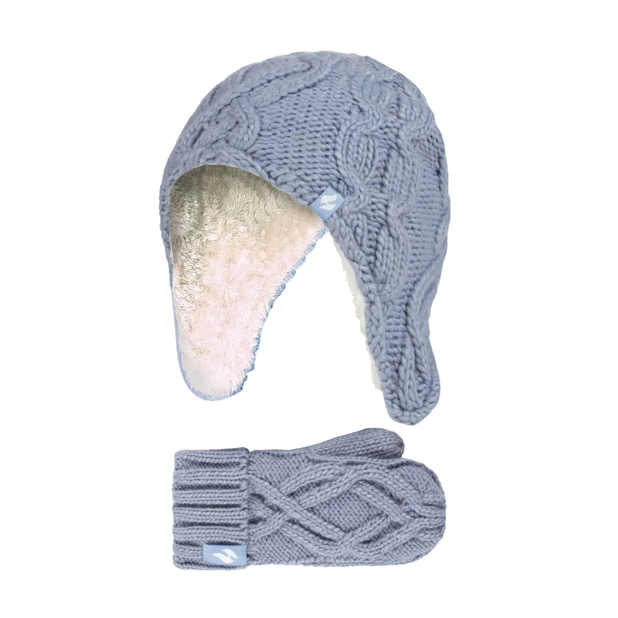 Girls Cable Knitted Design Trapper Hat & Mittens Set
