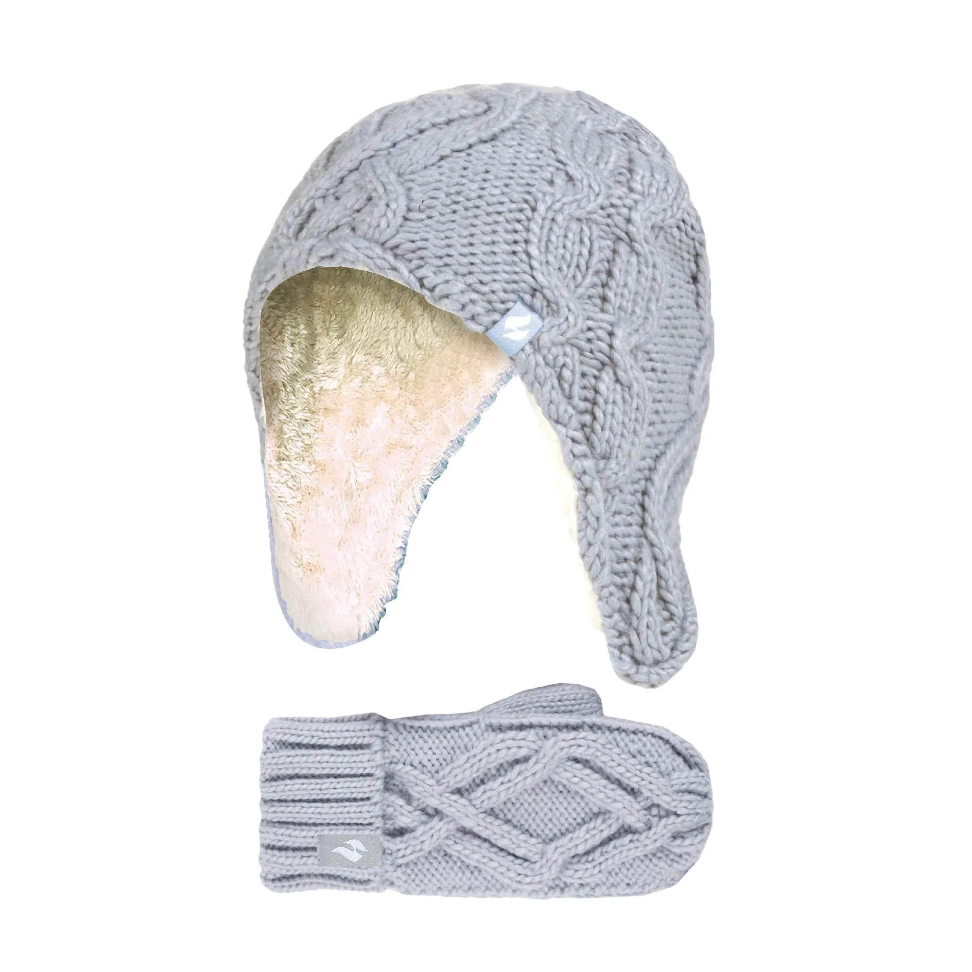 Girls Cable Knitted Design Trapper Hat & Mittens Set