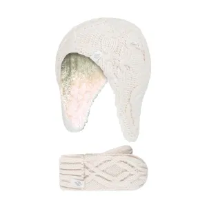 Girls Cable Knitted Design Trapper Hat & Mittens Set