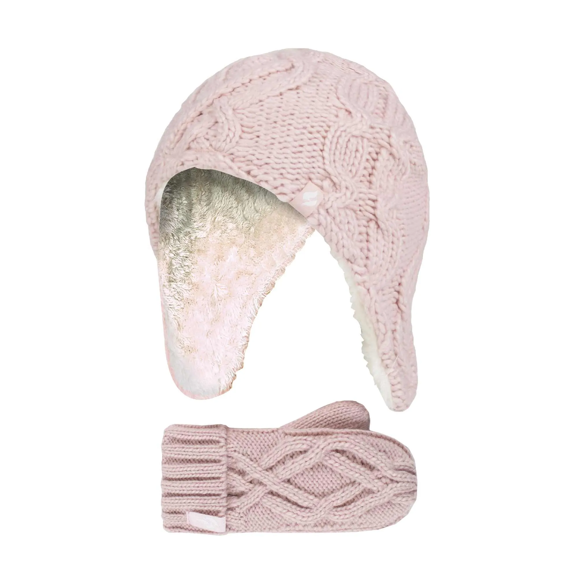 Girls Cable Knitted Design Trapper Hat & Mittens Set