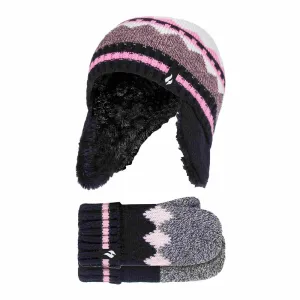 Girls Nordic Pattern Trapper Hat with Ear Flaps & Mittens Set
