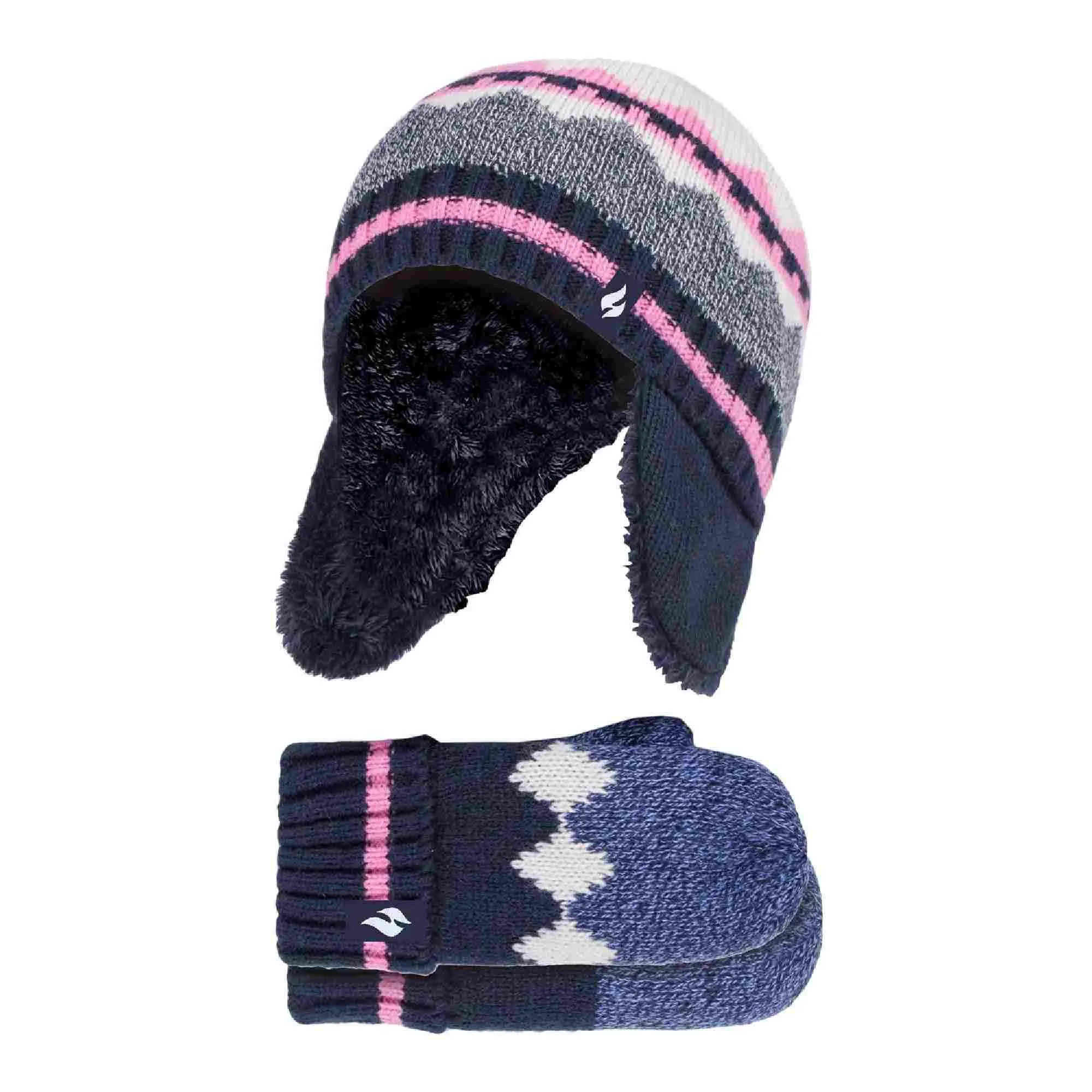 Girls Nordic Pattern Trapper Hat with Ear Flaps & Mittens Set