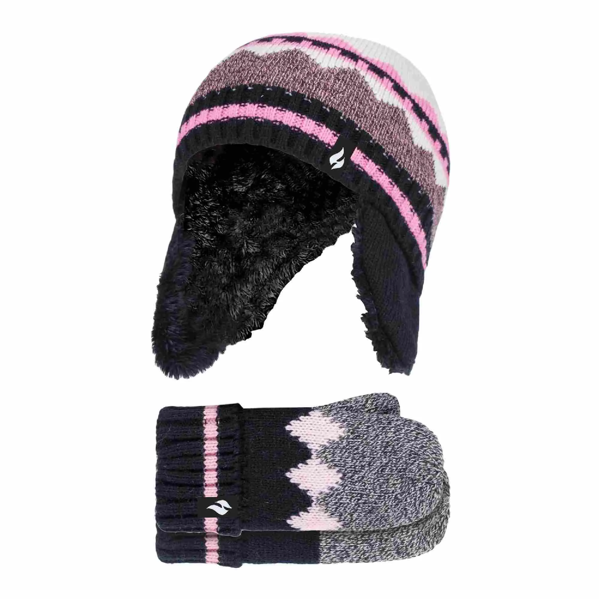 Girls Nordic Pattern Trapper Hat with Ear Flaps & Mittens Set