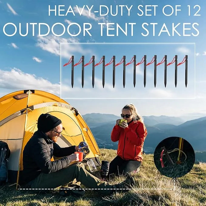 Gold Armour Tent Stakes - 12 Pack Heavy Duty, Lightweight, Camping Stakes Pegs for Outdoor Tent and Tarp, Essential Camping Gear Equipment Accessories (Black)