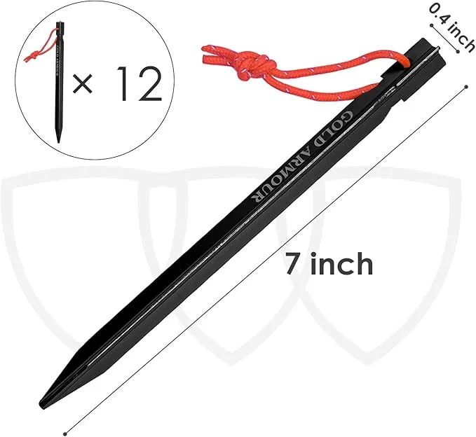 Gold Armour Tent Stakes - 12 Pack Heavy Duty, Lightweight, Camping Stakes Pegs for Outdoor Tent and Tarp, Essential Camping Gear Equipment Accessories (Black)