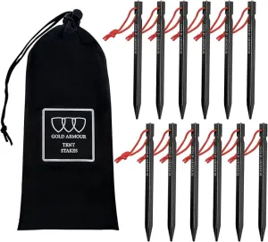 Gold Armour Tent Stakes - 12 Pack Heavy Duty, Lightweight, Camping Stakes Pegs for Outdoor Tent and Tarp, Essential Camping Gear Equipment Accessories (Black)