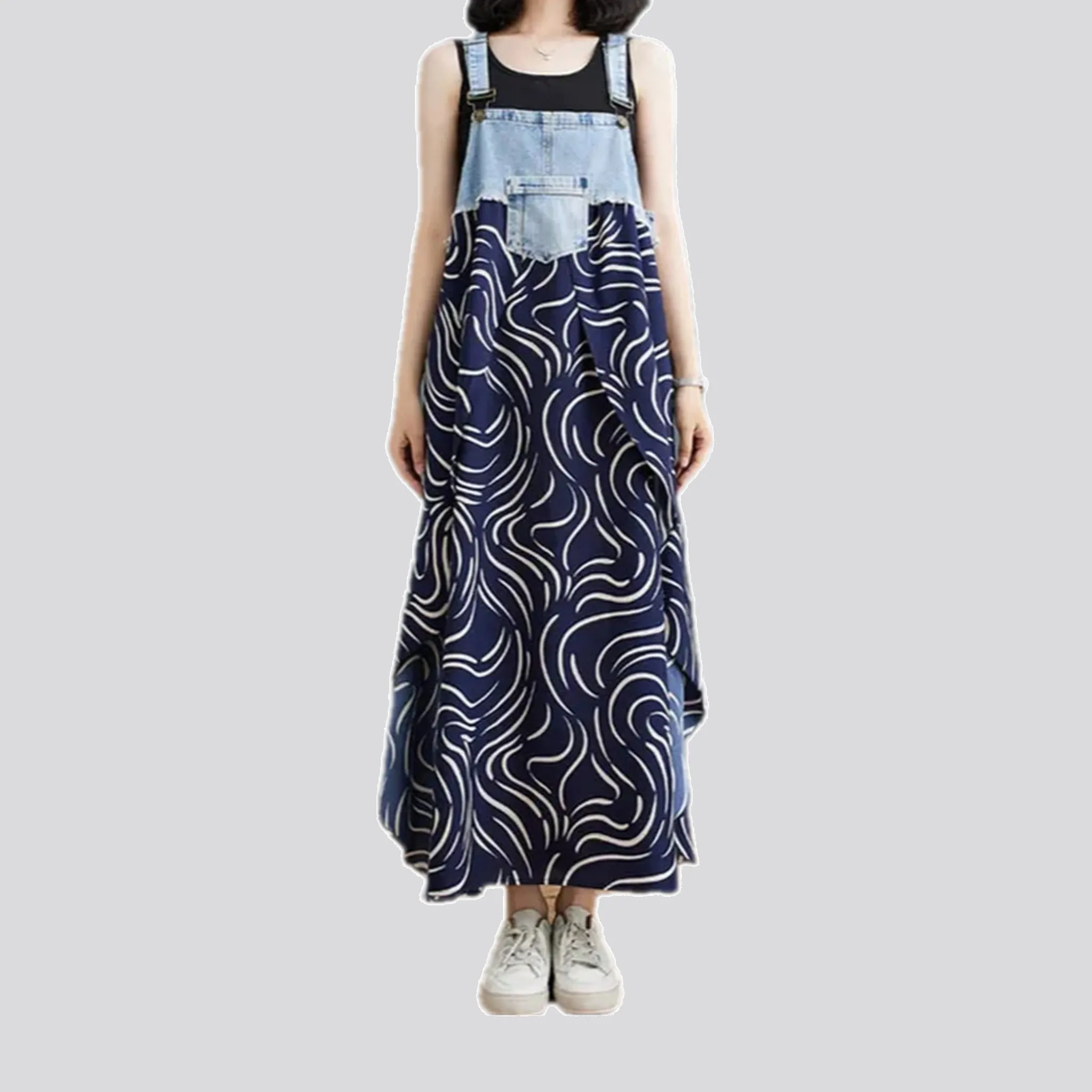 Graphic flared boho jeans dress