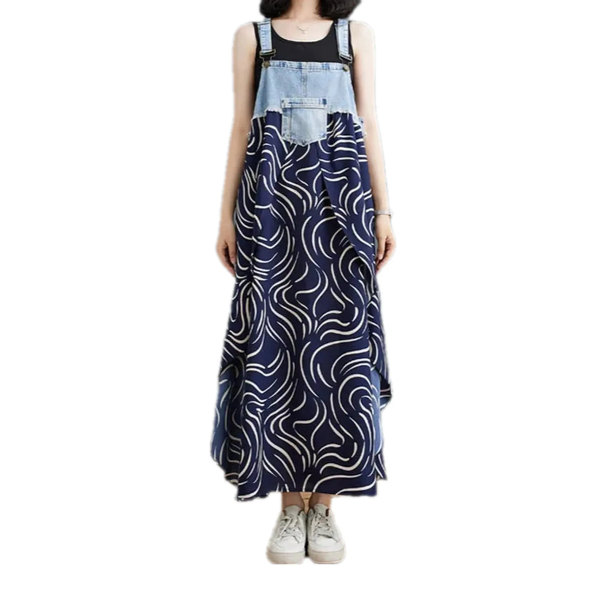Graphic flared boho jeans dress