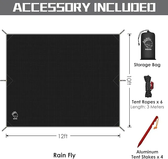 Grassman Camping Tarp, Ultralight Waterproof 10x10ft/10x12ft Rain Fly Shelter, Easy to Setup Camping Tarp Tent, Perfect for Backpacking, Hiking, Travel, Outdoor Adventures Survival Gears