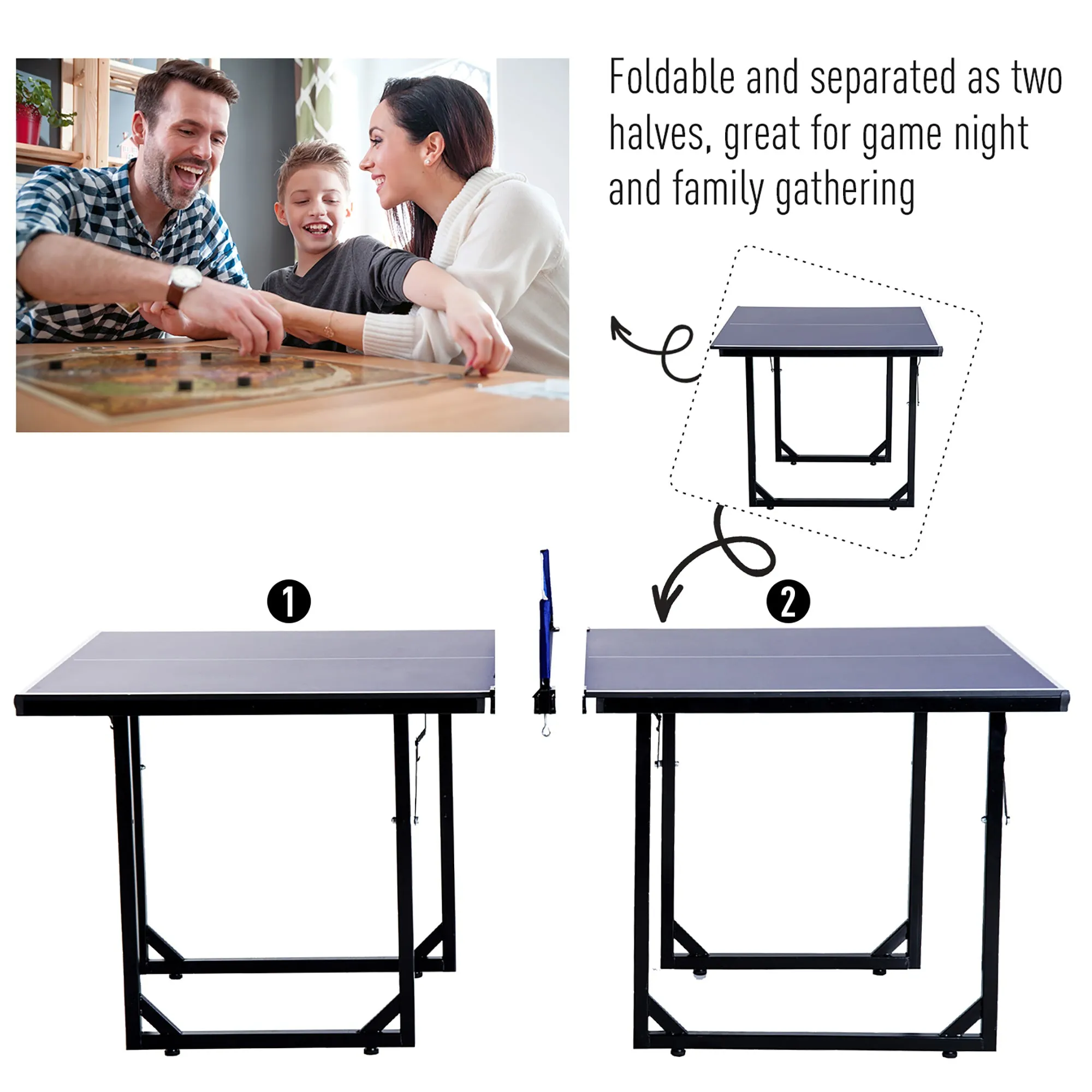 Homcom 6ft 182cm Mini Table Tennis Table Folding Ping Pong Table with Net Multi-Use Table for Indoor Outdoor Game