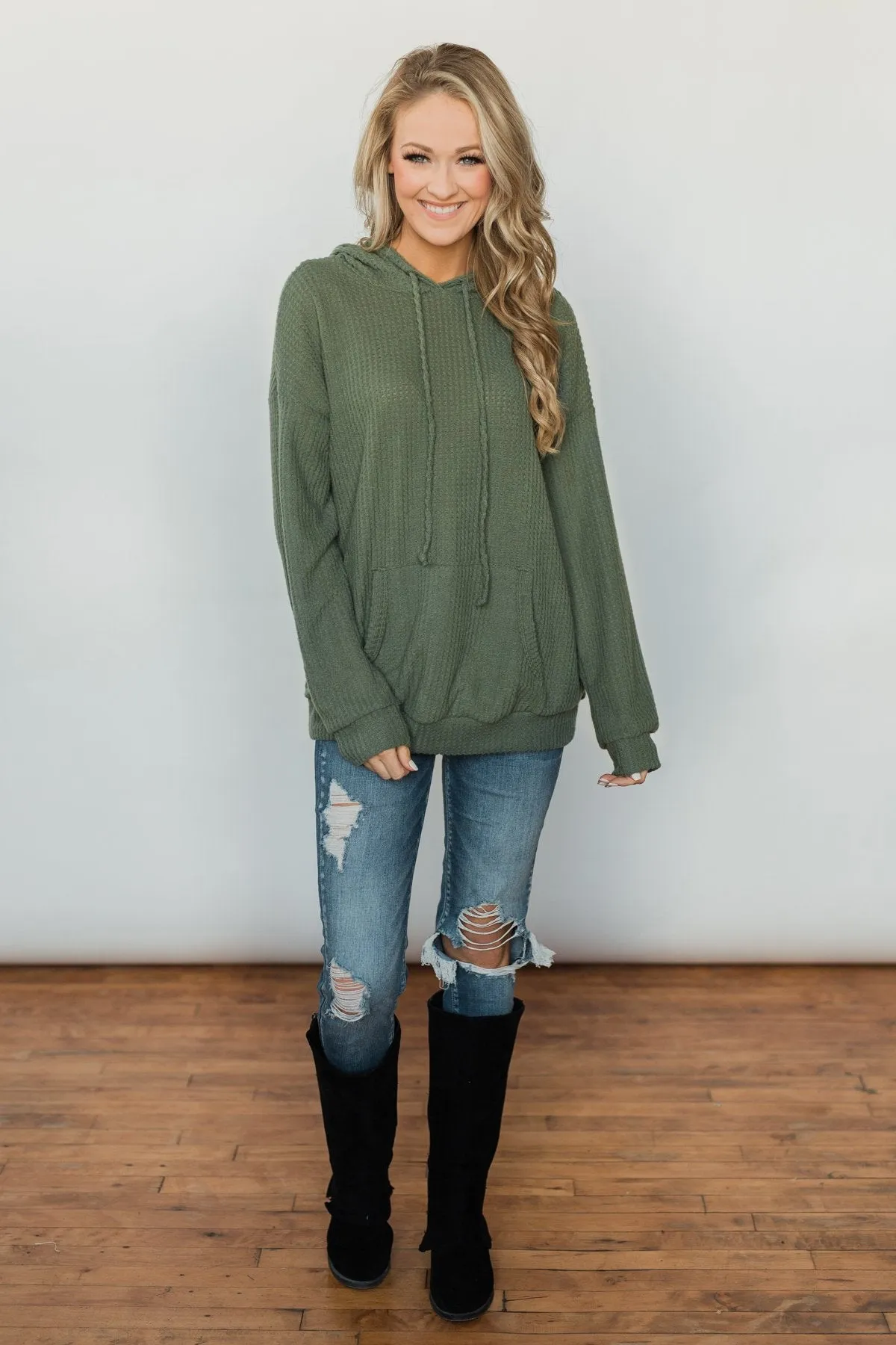 Home for Good Waffle Knit Hoodie - Olive