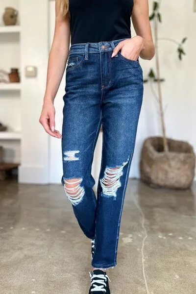JUDY BLUE FULL SIZE HIGH WAIST RIGID MAGIC HEAVY DESTROY STRAIGHT JEANS