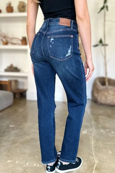 JUDY BLUE FULL SIZE HIGH WAIST RIGID MAGIC HEAVY DESTROY STRAIGHT JEANS