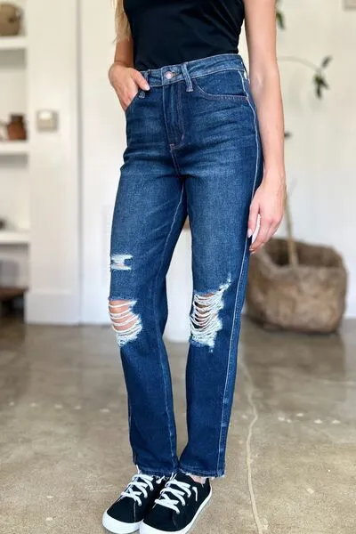 JUDY BLUE FULL SIZE HIGH WAIST RIGID MAGIC HEAVY DESTROY STRAIGHT JEANS