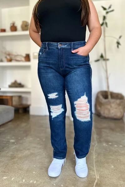 JUDY BLUE FULL SIZE HIGH WAIST RIGID MAGIC HEAVY DESTROY STRAIGHT JEANS