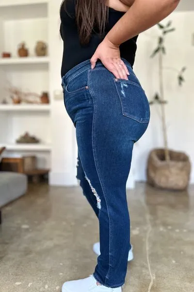 JUDY BLUE FULL SIZE HIGH WAIST RIGID MAGIC HEAVY DESTROY STRAIGHT JEANS