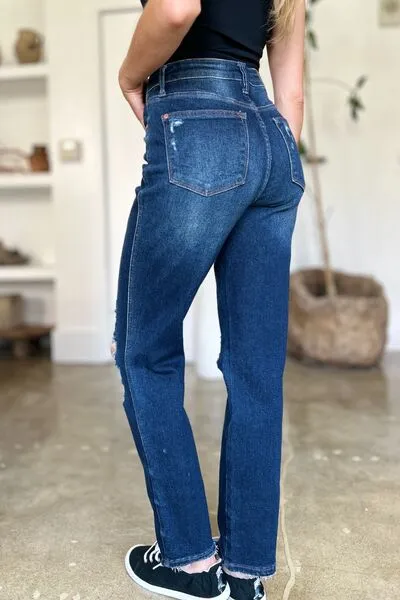 JUDY BLUE FULL SIZE HIGH WAIST RIGID MAGIC HEAVY DESTROY STRAIGHT JEANS