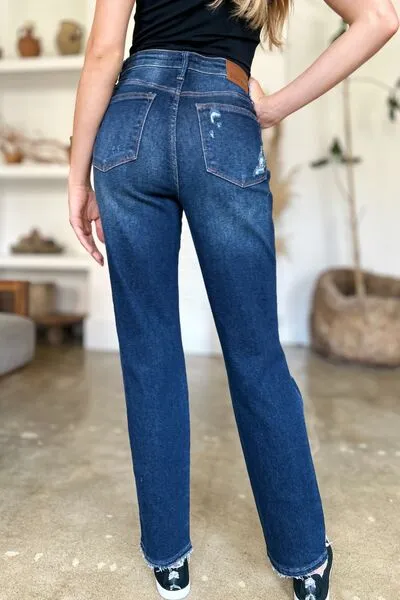 JUDY BLUE FULL SIZE HIGH WAIST RIGID MAGIC HEAVY DESTROY STRAIGHT JEANS