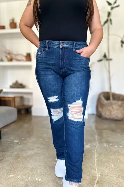 JUDY BLUE FULL SIZE HIGH WAIST RIGID MAGIC HEAVY DESTROY STRAIGHT JEANS