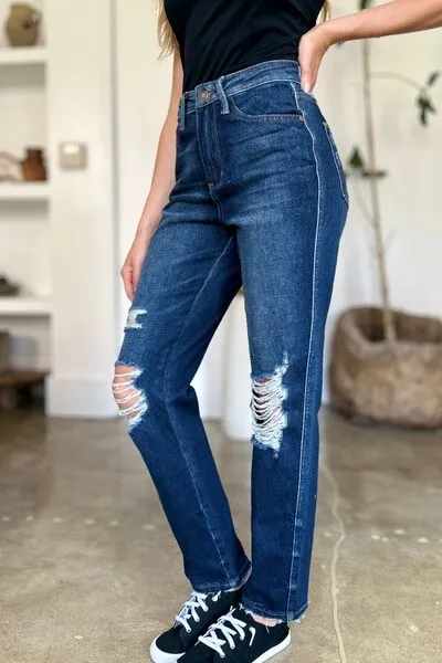 JUDY BLUE FULL SIZE HIGH WAIST RIGID MAGIC HEAVY DESTROY STRAIGHT JEANS