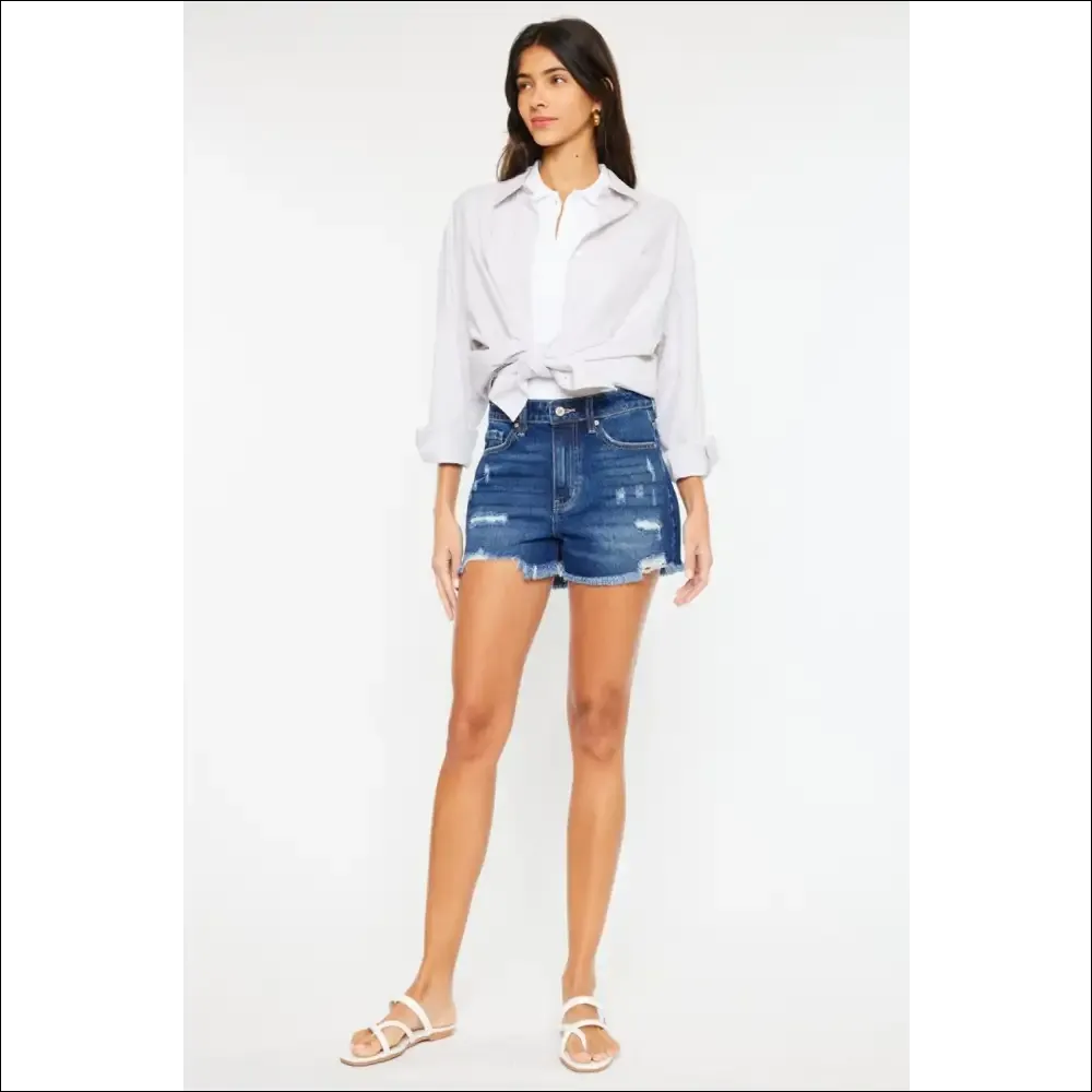 Kancan High Rise Frayed Hem Denim Shorts