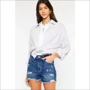 Kancan High Rise Frayed Hem Denim Shorts