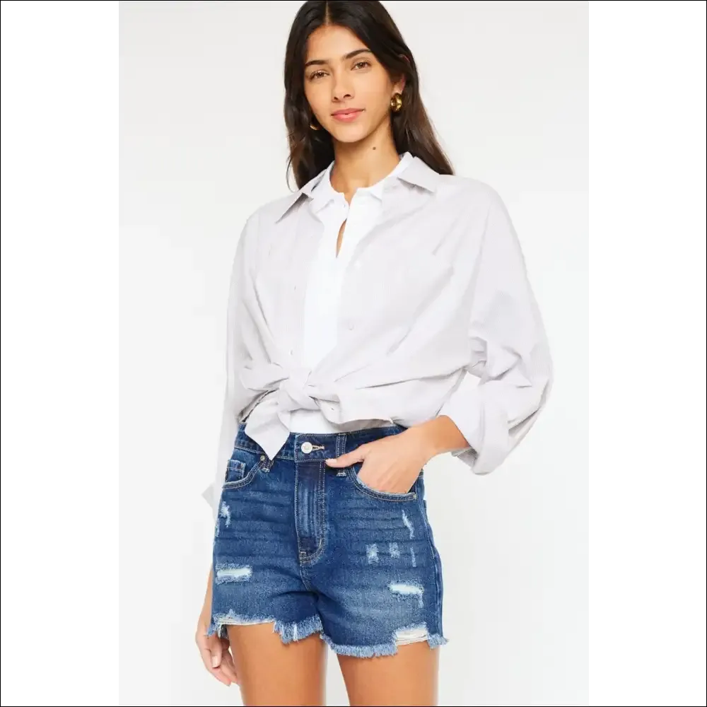 Kancan High Rise Frayed Hem Denim Shorts