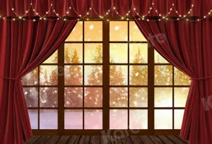 Kate Red Curtain Window Winter Snow Backdrop Designed by Chain Photography