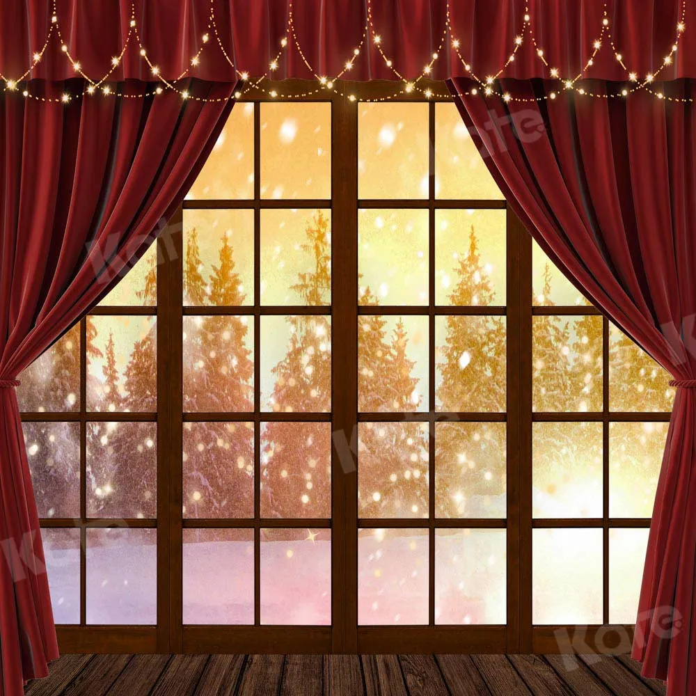 Kate Red Curtain Window Winter Snow Backdrop Designed by Chain Photography