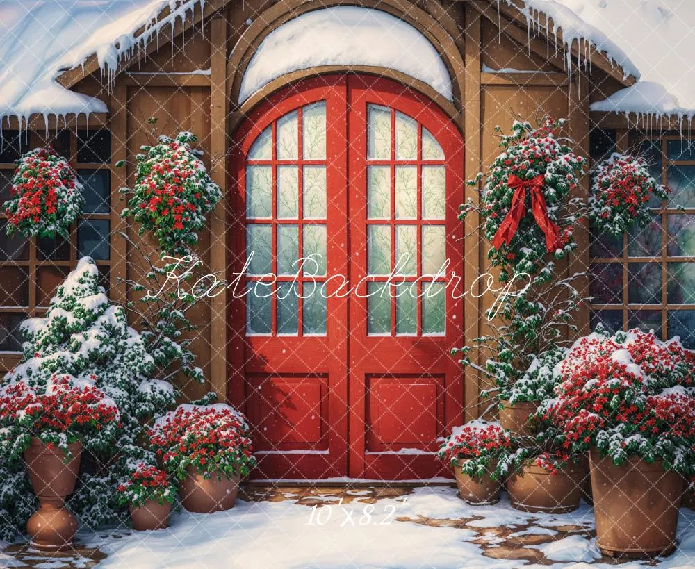 Kate Winter Red Arch Door Retro Cabin Backdrop Designed by Chain Photography