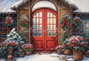 Kate Winter Red Arch Door Retro Cabin Backdrop Designed by Chain Photography