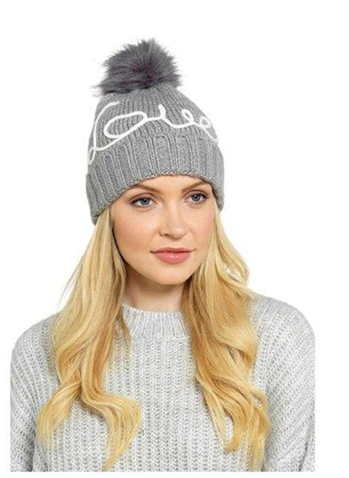 Ladies’ Knitted Bobble Hat – Faux Fur Pom-Pom & “Love” Appliqué – Pink or Grey