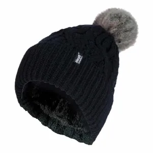 Ladies Knitted Turnover Cuffed Pom Pom Beanie Hat with Bobble