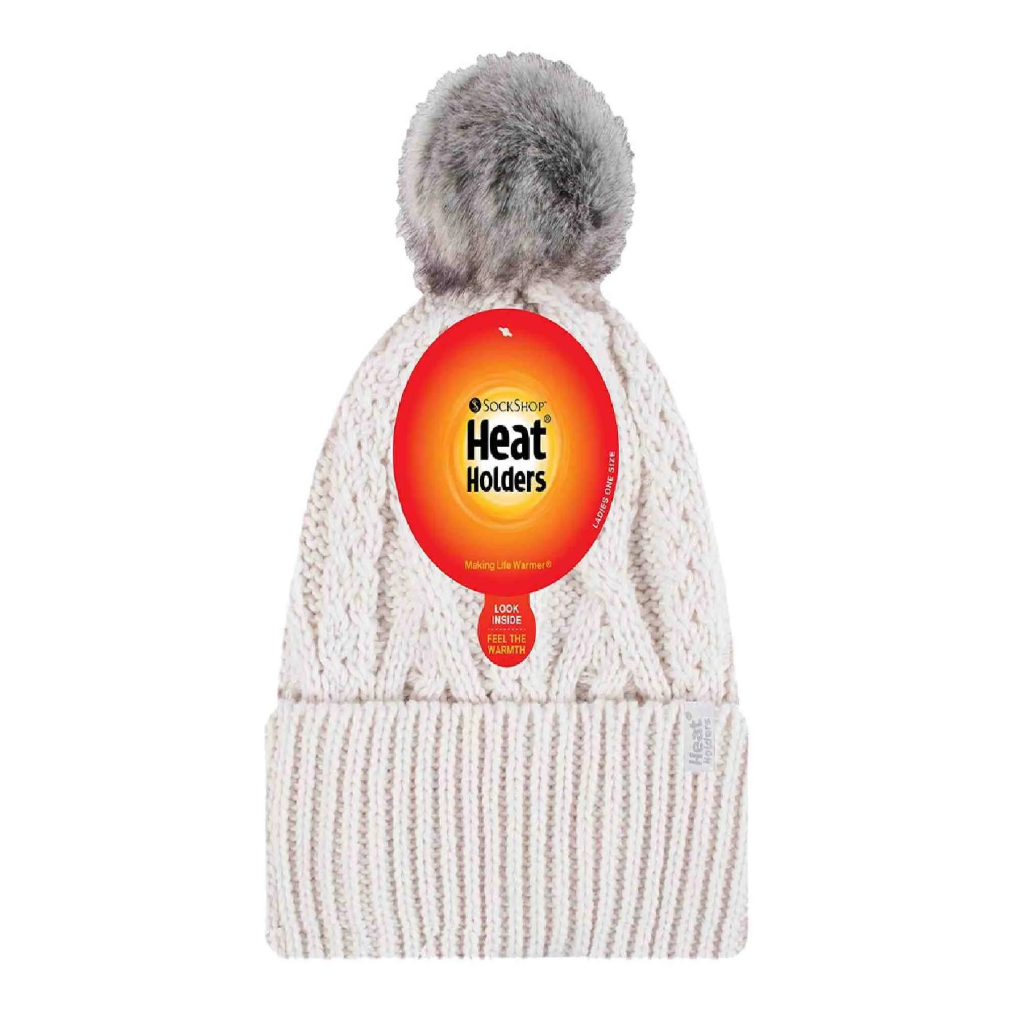 Ladies Knitted Turnover Cuffed Pom Pom Beanie Hat with Bobble
