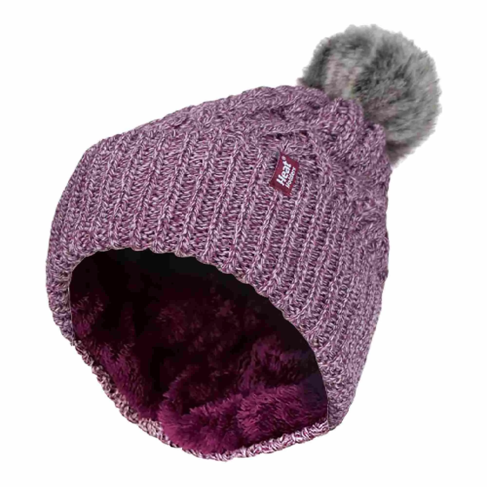 Ladies Knitted Turnover Cuffed Pom Pom Beanie Hat with Bobble