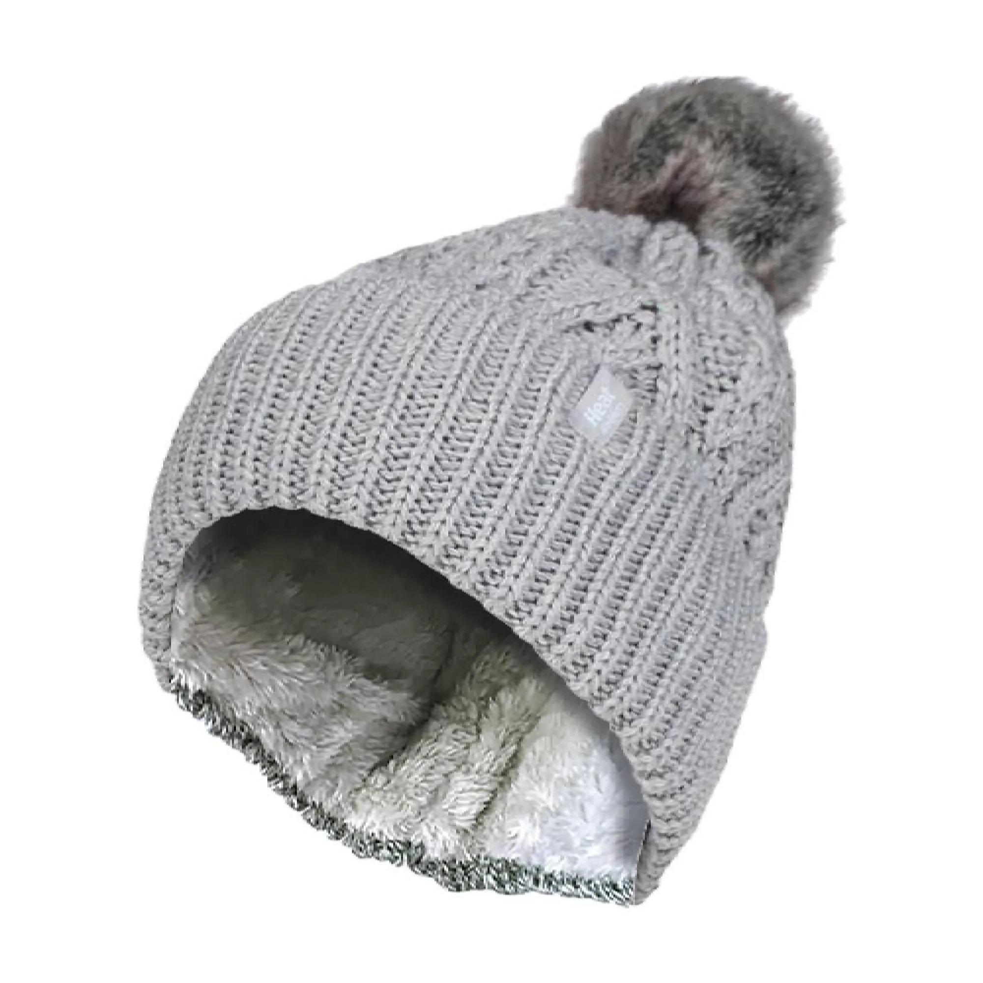 Ladies Knitted Turnover Cuffed Pom Pom Beanie Hat with Bobble