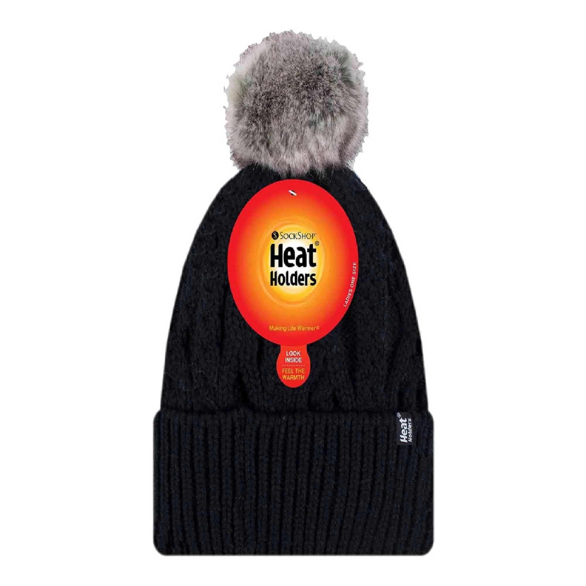 Ladies Knitted Turnover Cuffed Pom Pom Beanie Hat with Bobble