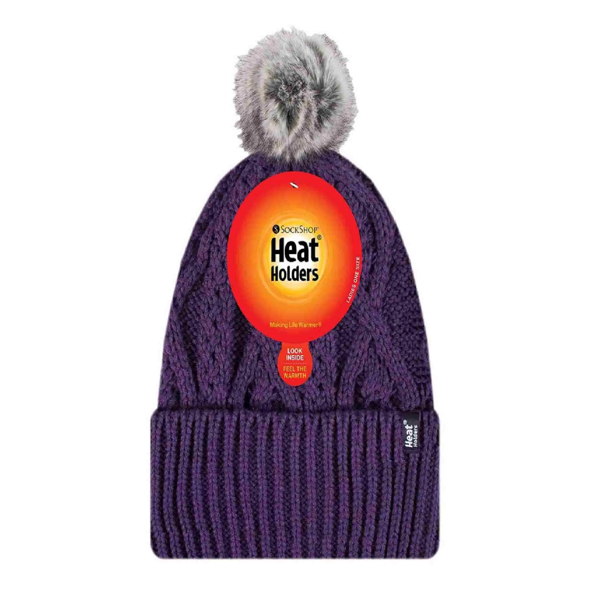 Ladies Knitted Turnover Cuffed Pom Pom Beanie Hat with Bobble