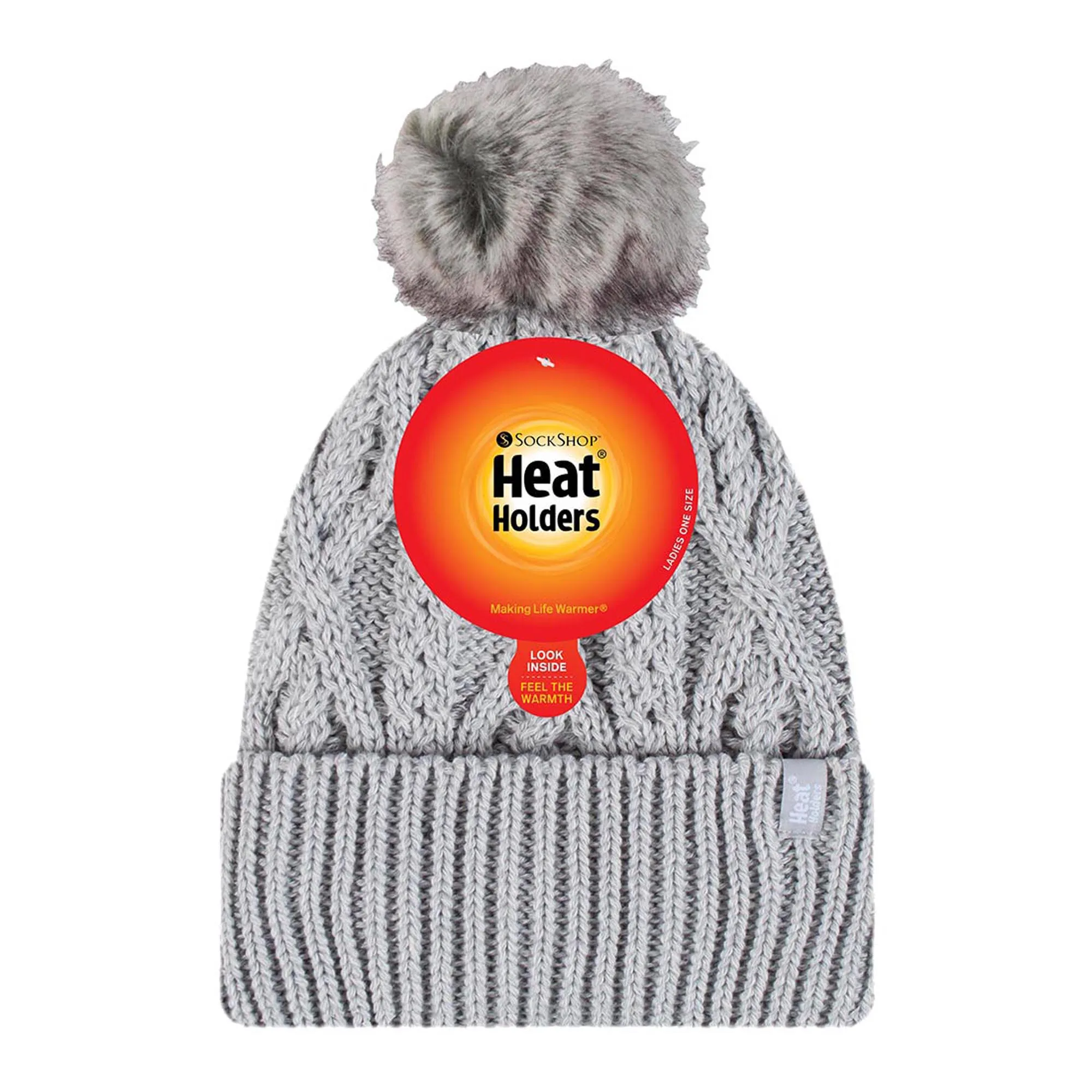 Ladies Knitted Turnover Cuffed Pom Pom Beanie Hat with Bobble