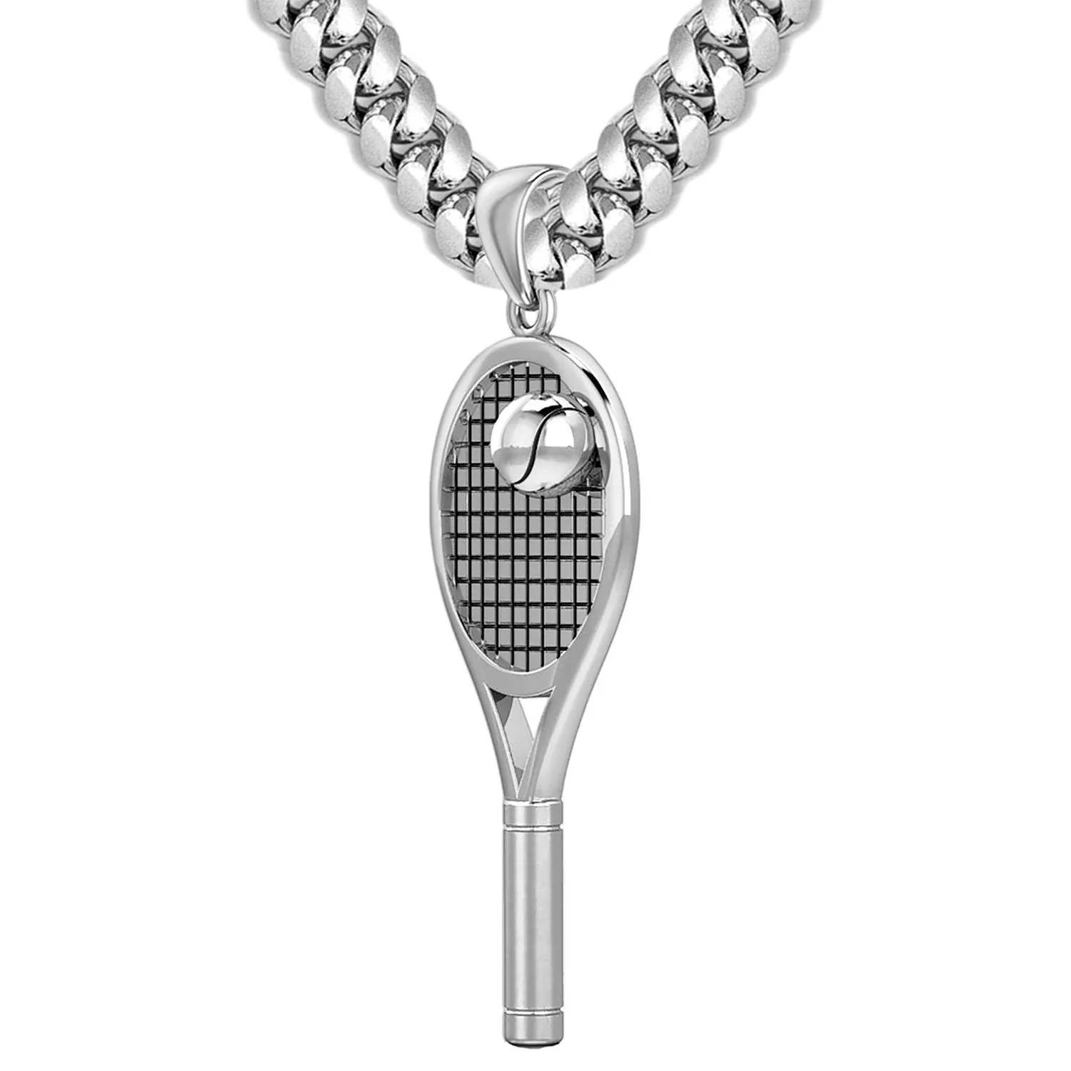 Large 925 Sterling Silver 3D Tennis Racket & Ball Pendant Necklace, 42mm