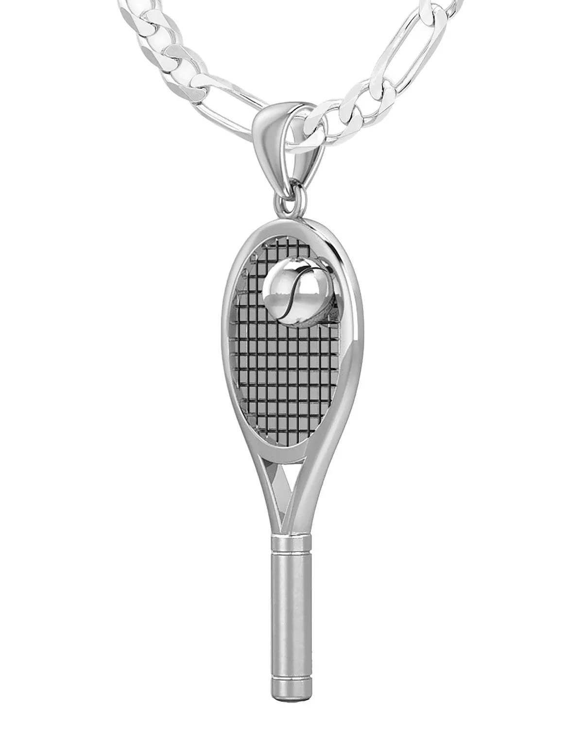 Large 925 Sterling Silver 3D Tennis Racket & Ball Pendant Necklace, 42mm