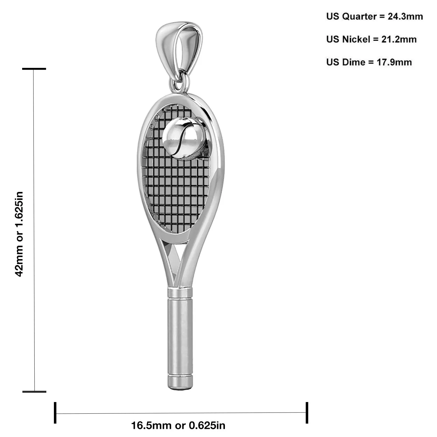 Large 925 Sterling Silver 3D Tennis Racket & Ball Pendant Necklace, 42mm