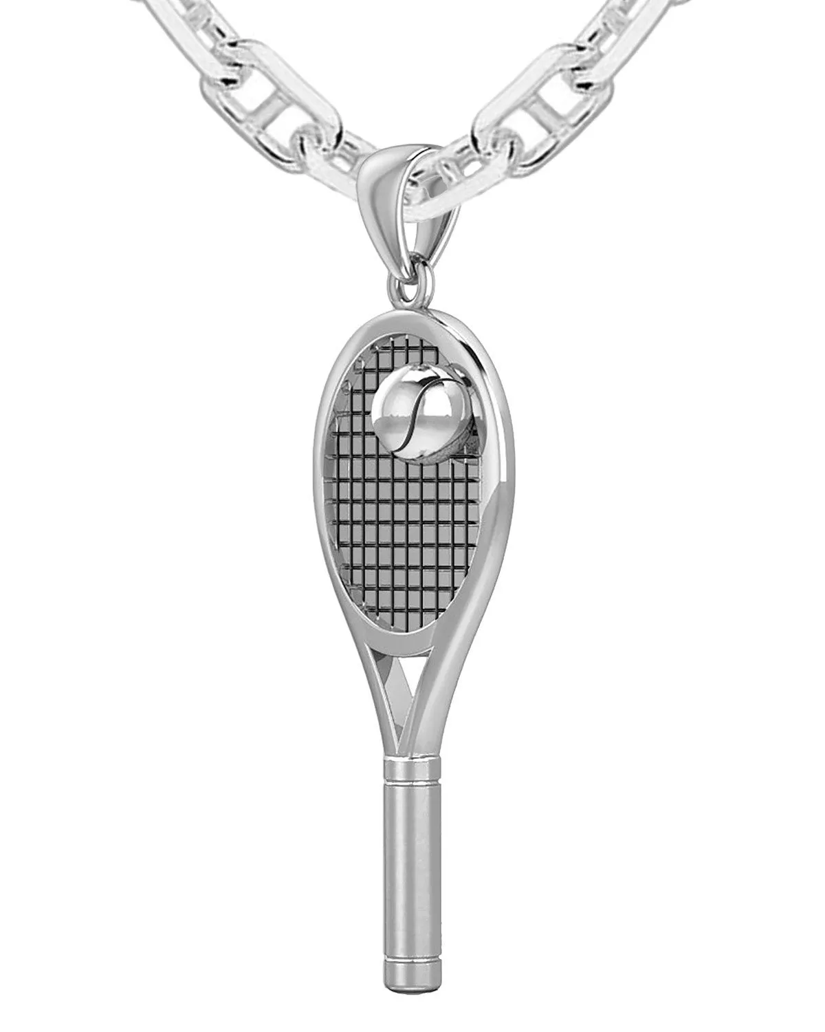 Large 925 Sterling Silver 3D Tennis Racket & Ball Pendant Necklace, 42mm