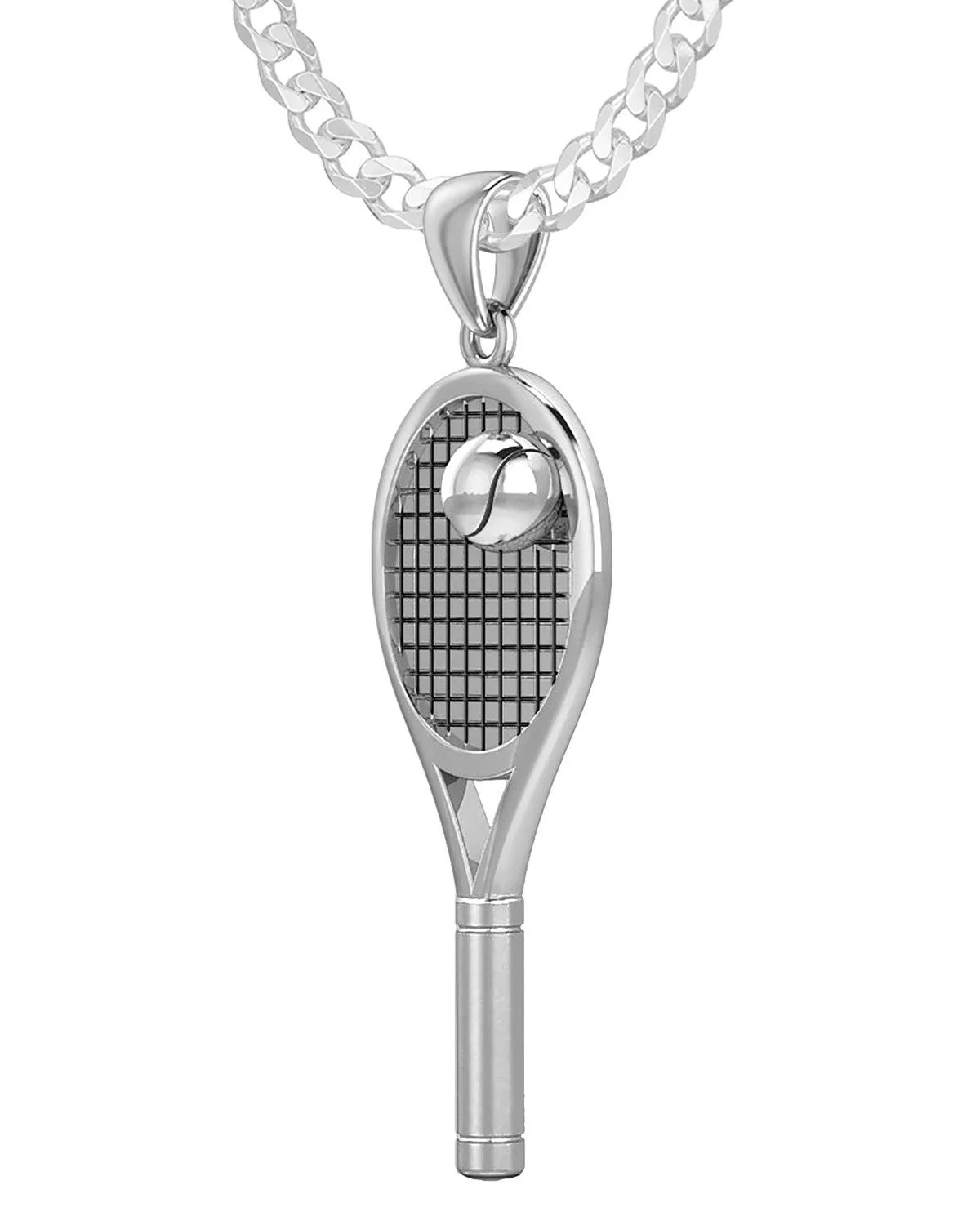 Large 925 Sterling Silver 3D Tennis Racket & Ball Pendant Necklace, 42mm