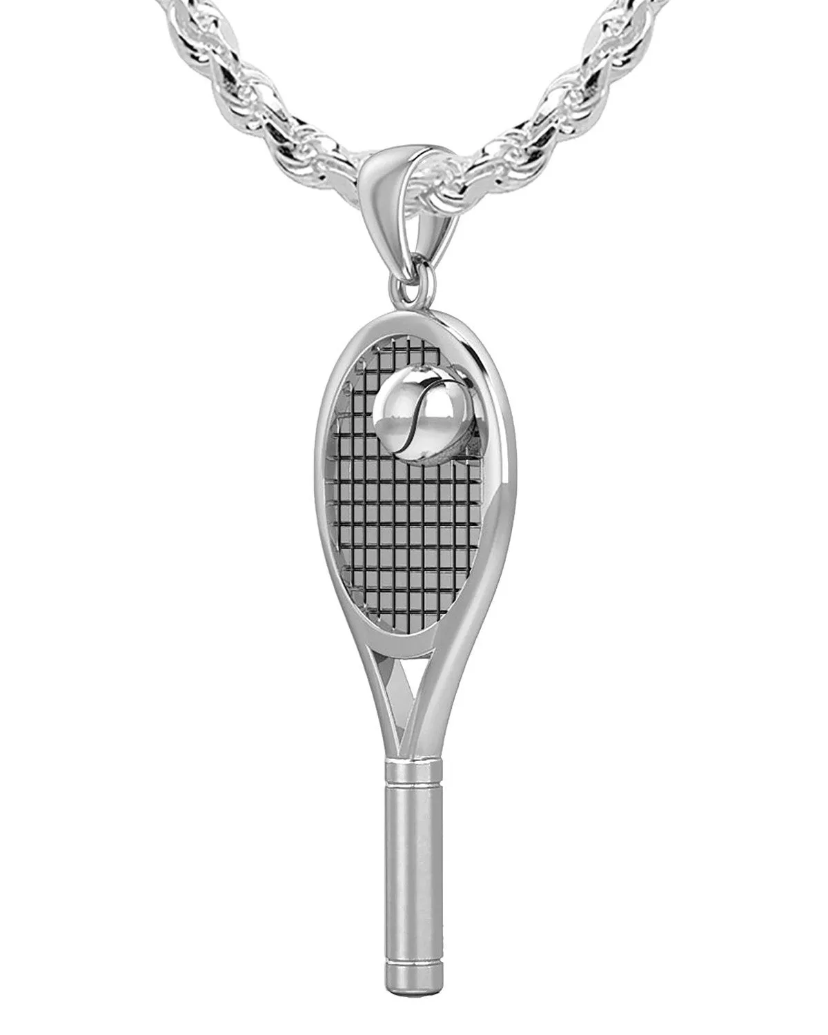 Large 925 Sterling Silver 3D Tennis Racket & Ball Pendant Necklace, 42mm