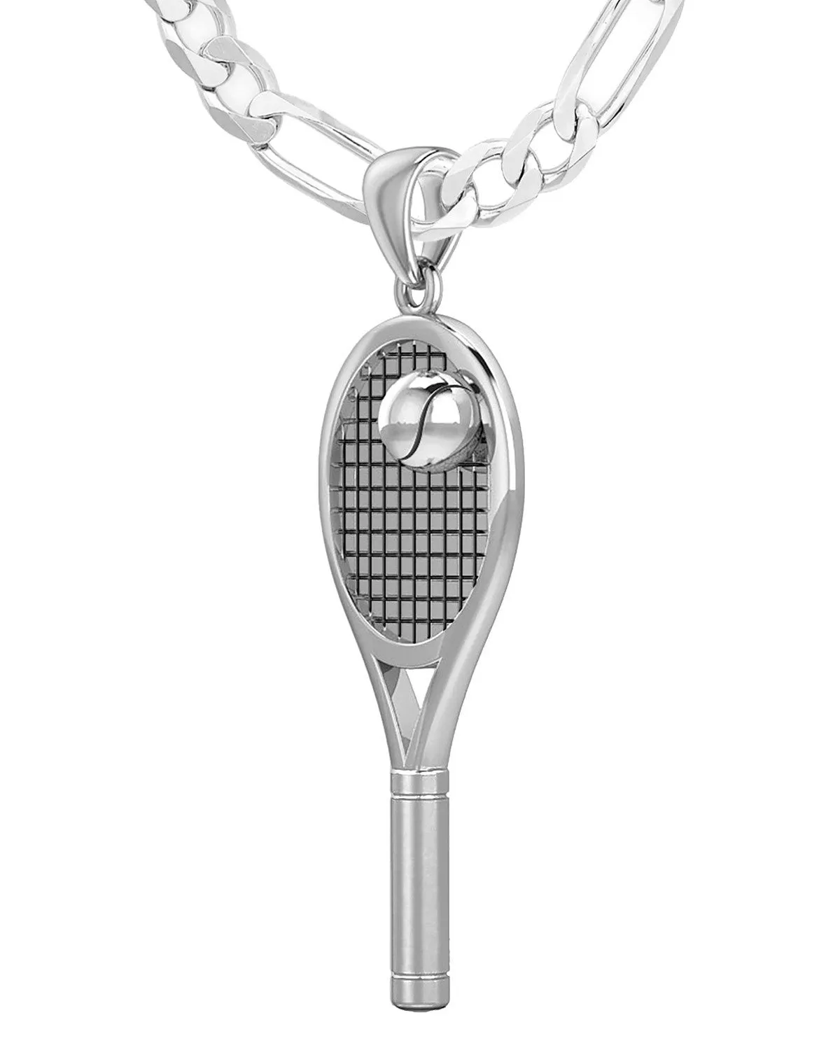 Large 925 Sterling Silver 3D Tennis Racket & Ball Pendant Necklace, 42mm