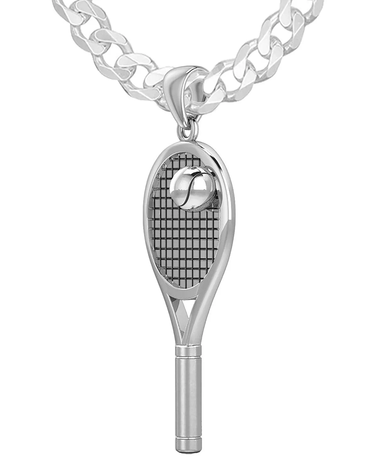 Large 925 Sterling Silver 3D Tennis Racket & Ball Pendant Necklace, 42mm