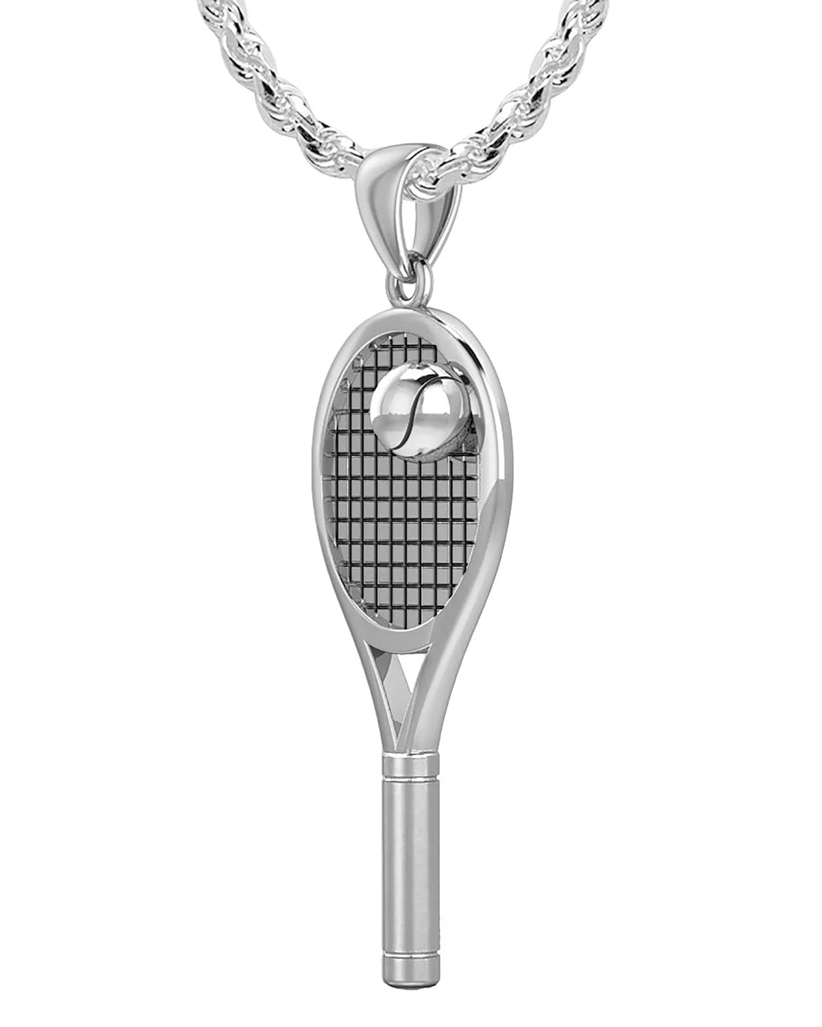 Large 925 Sterling Silver 3D Tennis Racket & Ball Pendant Necklace, 42mm